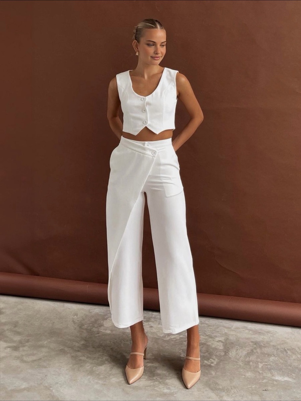 White Asymmetric Wrap Wide-Leg Pants